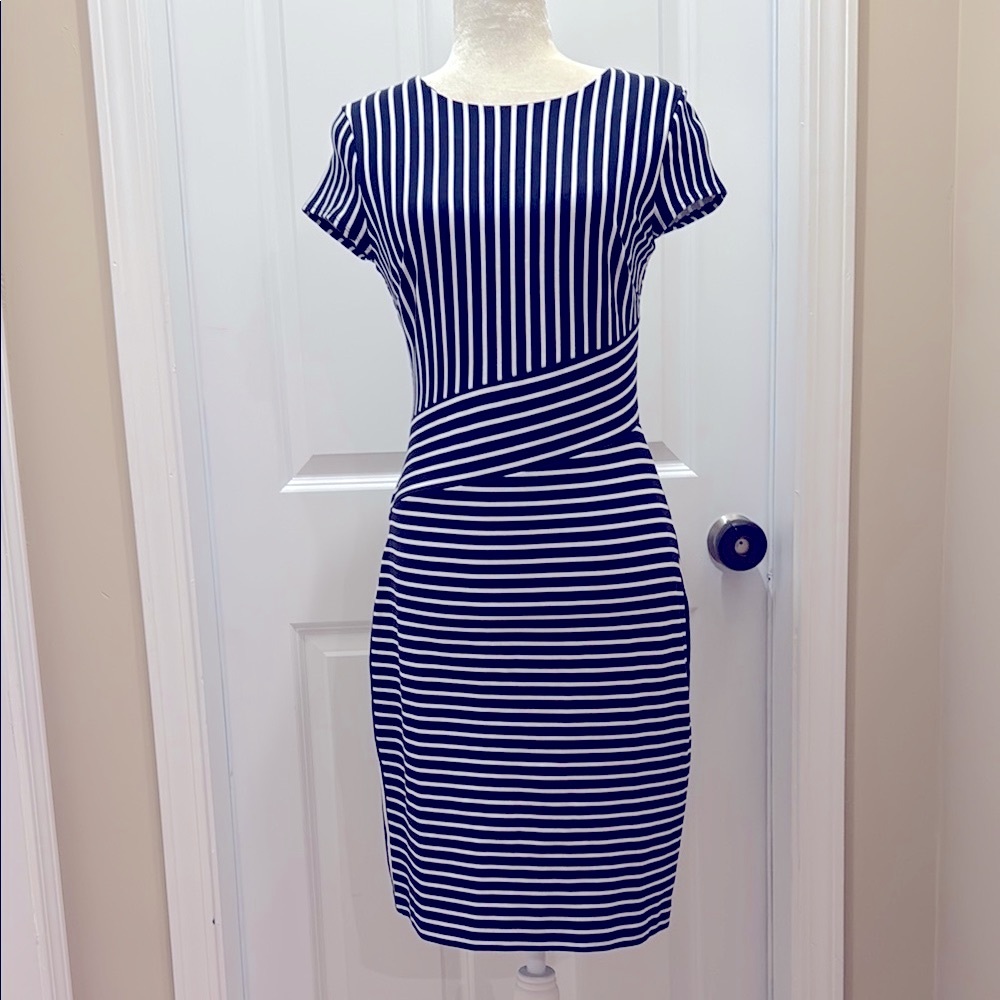 Navy and White Sheath Midi Dress with Crew Neck